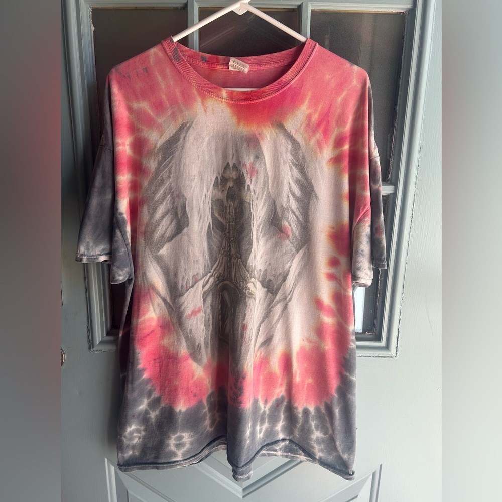 Vintage Y2K Grim Reaper Skull Wing Angel of Death Tie Dye Shirt Art Drawing 2XL